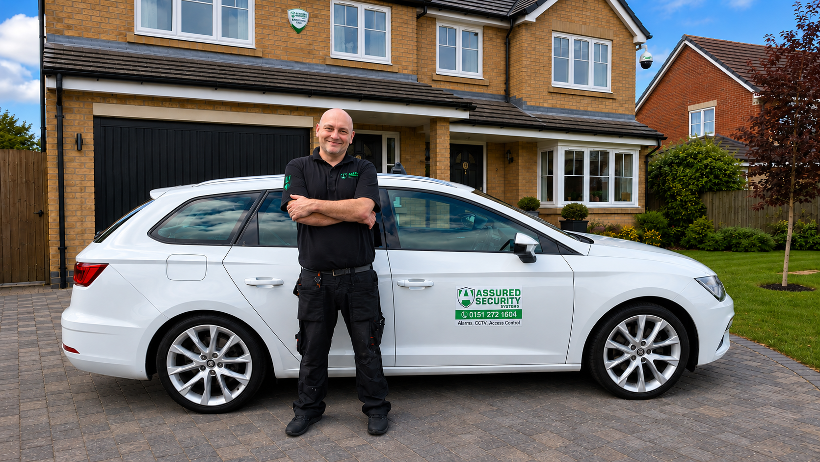 Assured Security Systems engineer and branded vehicle outside a home with branded alarm and camera